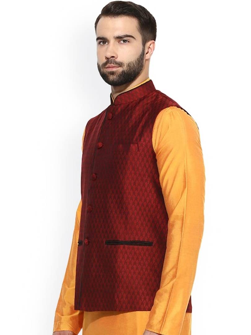 Men's Maroon 
Silk Blend
 Woven Design Nehru Jackets